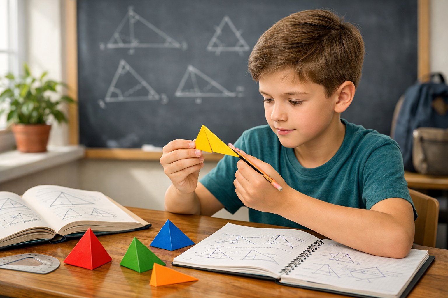 Učionica s djetetom koje proučava modele trokuta na stolu, okruženo školskim priborom i geometrijskim skicama na ploči.