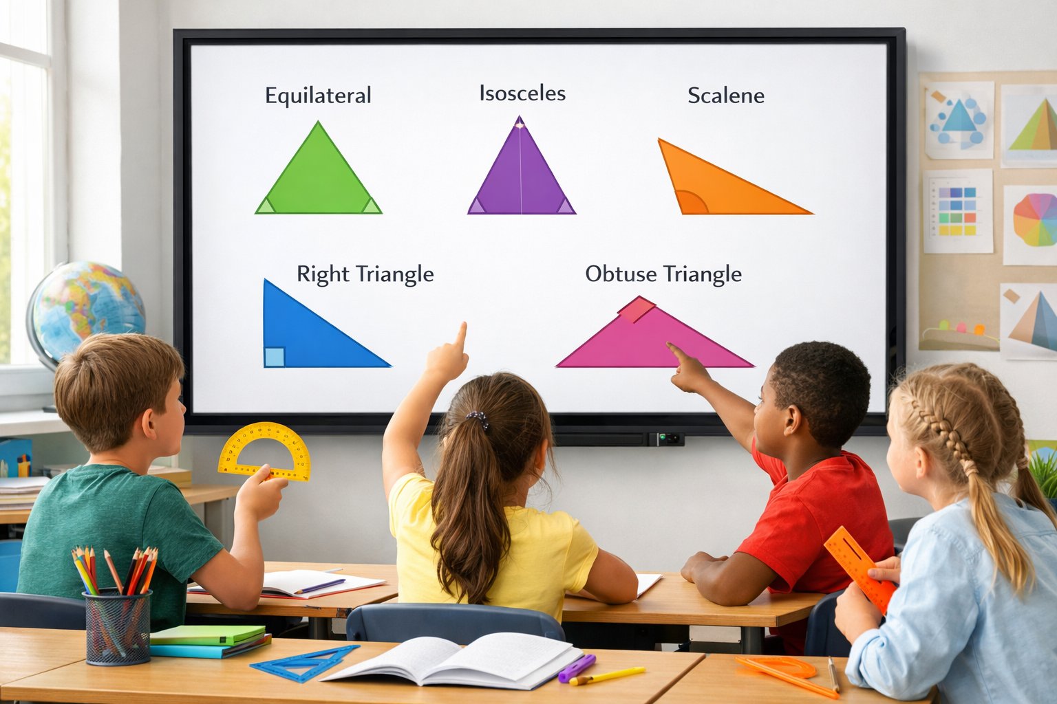 Skupina djece u učionici uči o različitim vrstama trokuta prikazanim na ploči.