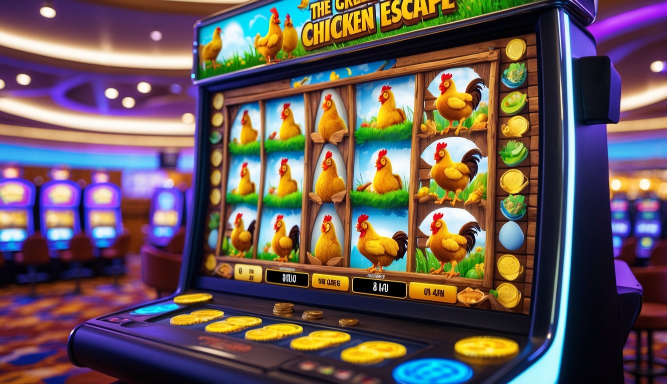 Mesin slot dengan tema ayam yang ceria dan berwarna-warni di lingkungan kasino.