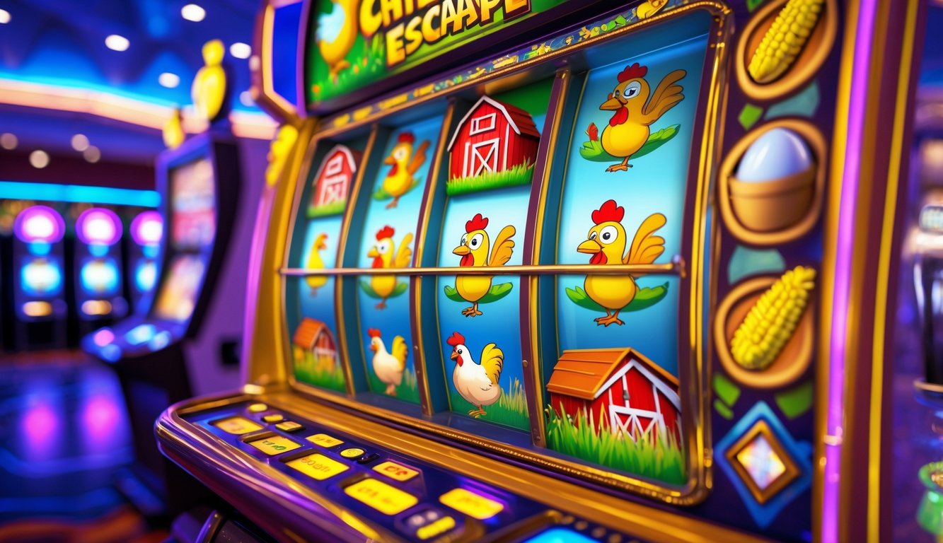 Mesin slot berwarna-warni dengan simbol ayam dan elemen peternakan di dalam kasino yang cerah dan ramai.