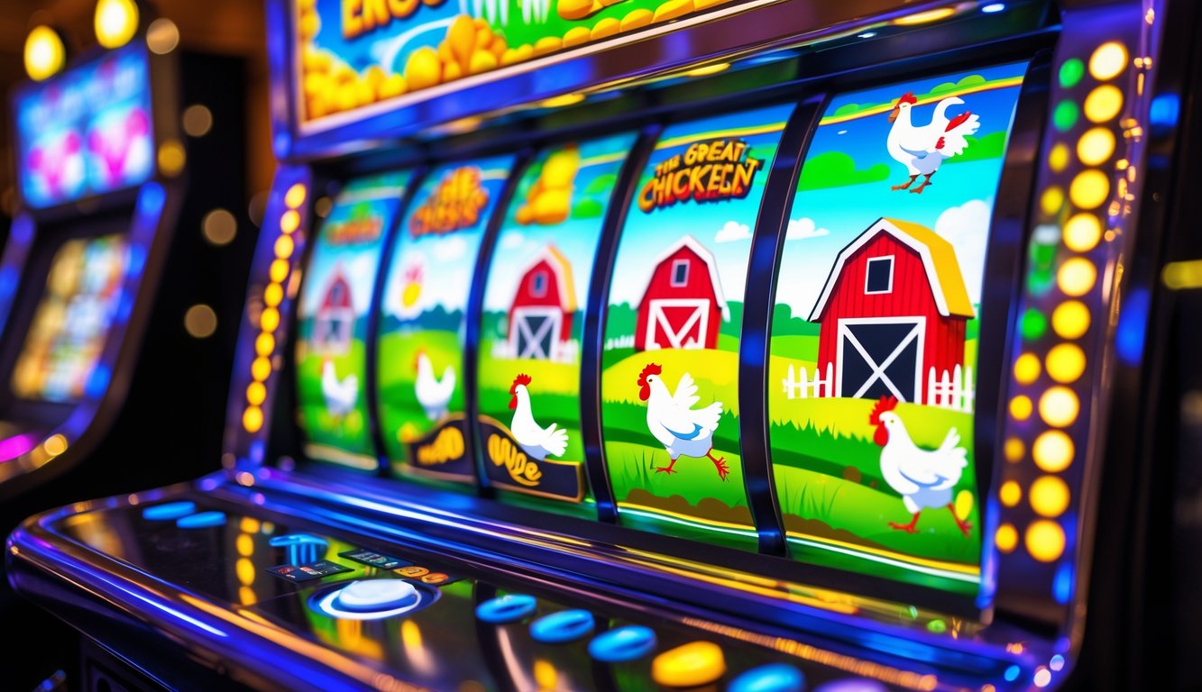 Mesin slot dengan gambar ayam yang melarikan diri dari peternakan, dikelilingi oleh elemen pertanian dan lampu berkilauan.