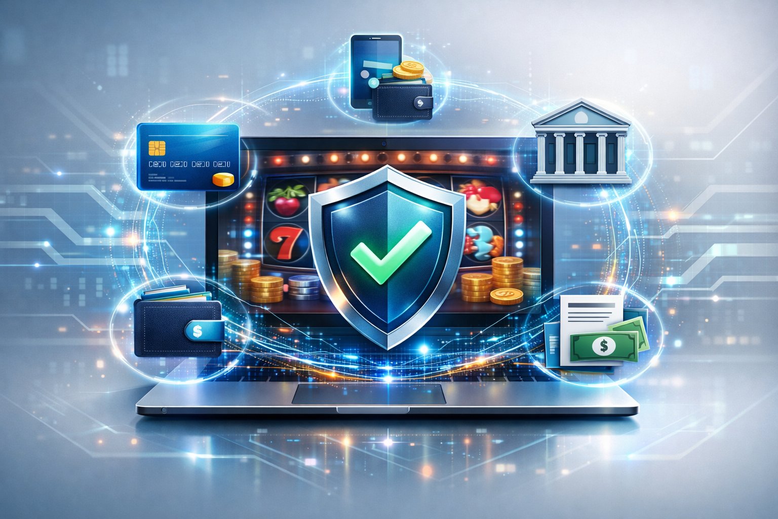 A digital scene showing an online casino verifying payments