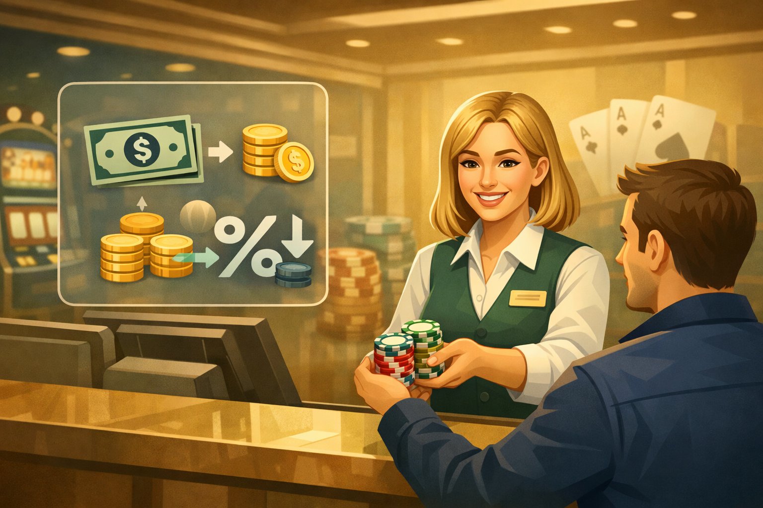 A casino cashier hands chips to a customer at a counter with icons representing money and fees floating nearby, with casino elements in the background.