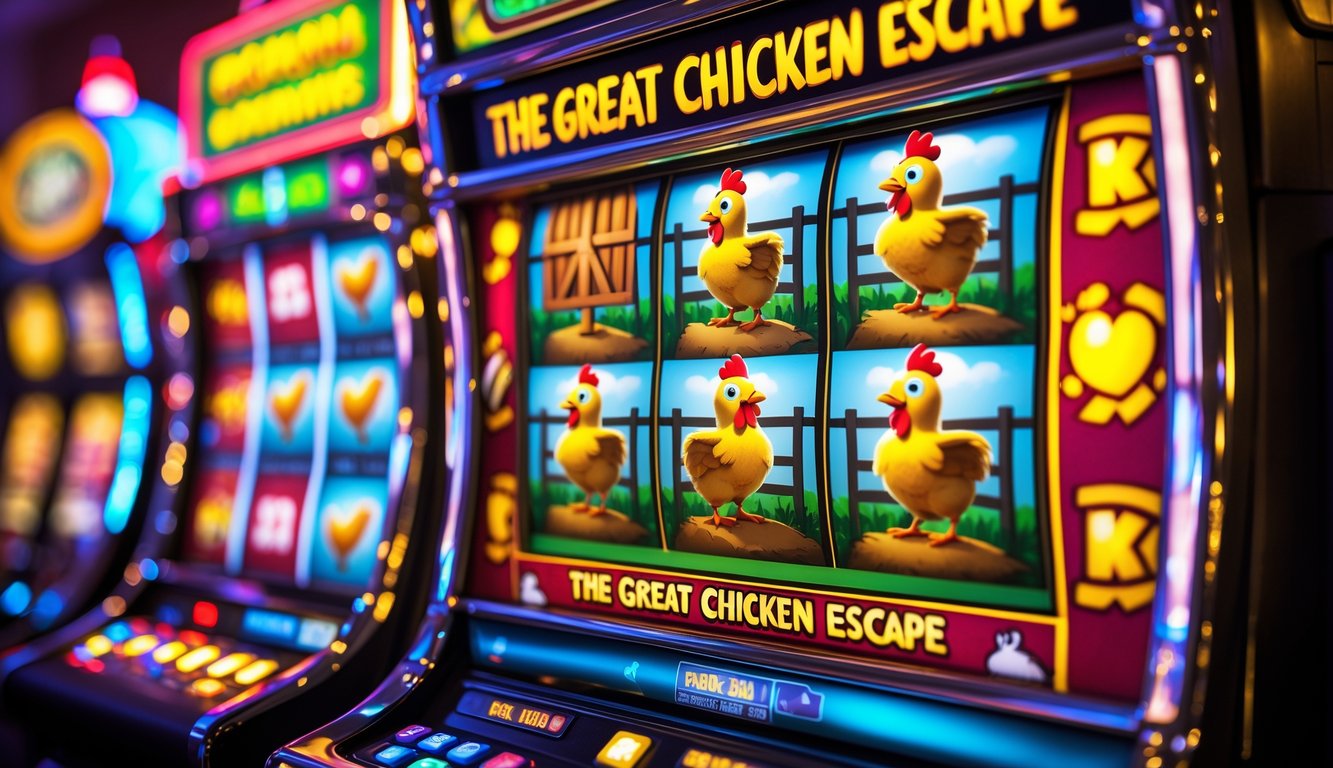 Mesin slot berwarna cerah dengan gambar ayam yang sedang melarikan diri dari kandang di dalam suasana kasino.