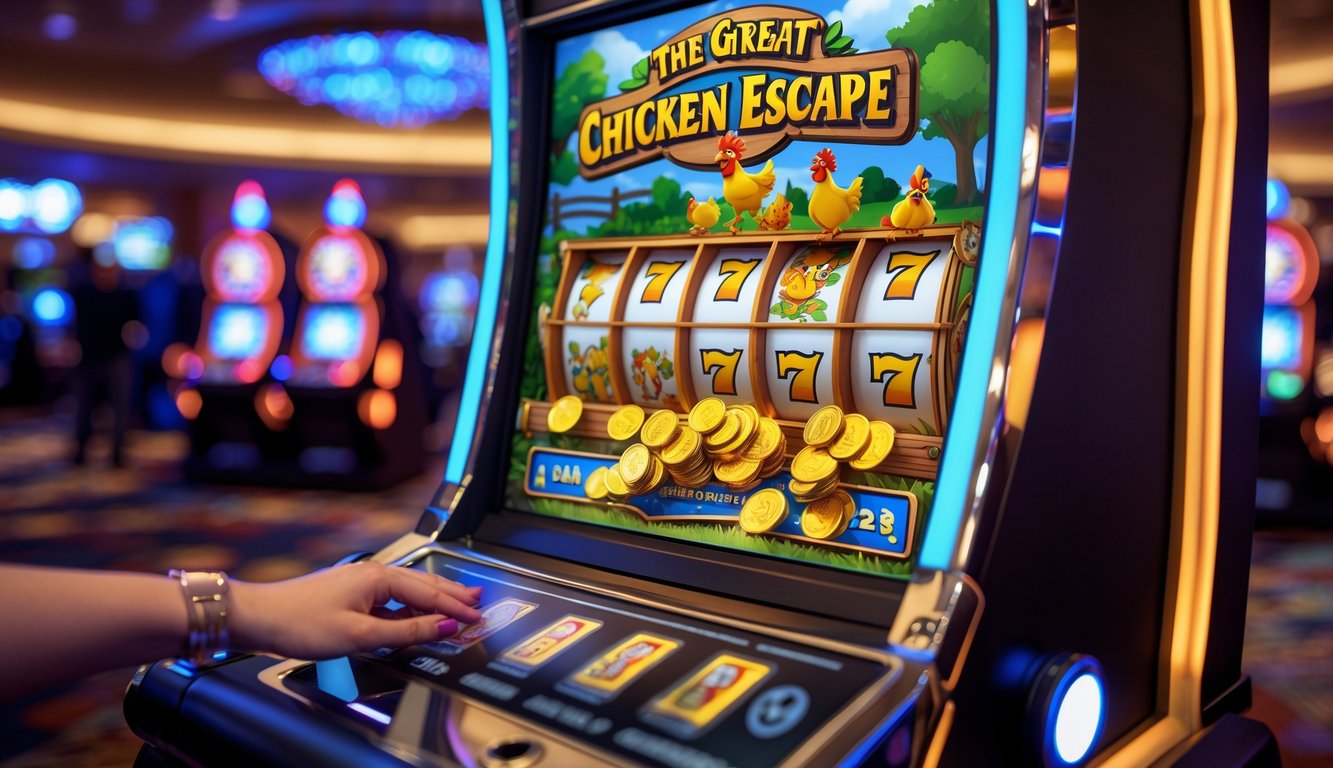 Mesin slot dengan gambar ayam yang ceria dan koin yang keluar, menampilkan suasana kasino yang ramai.