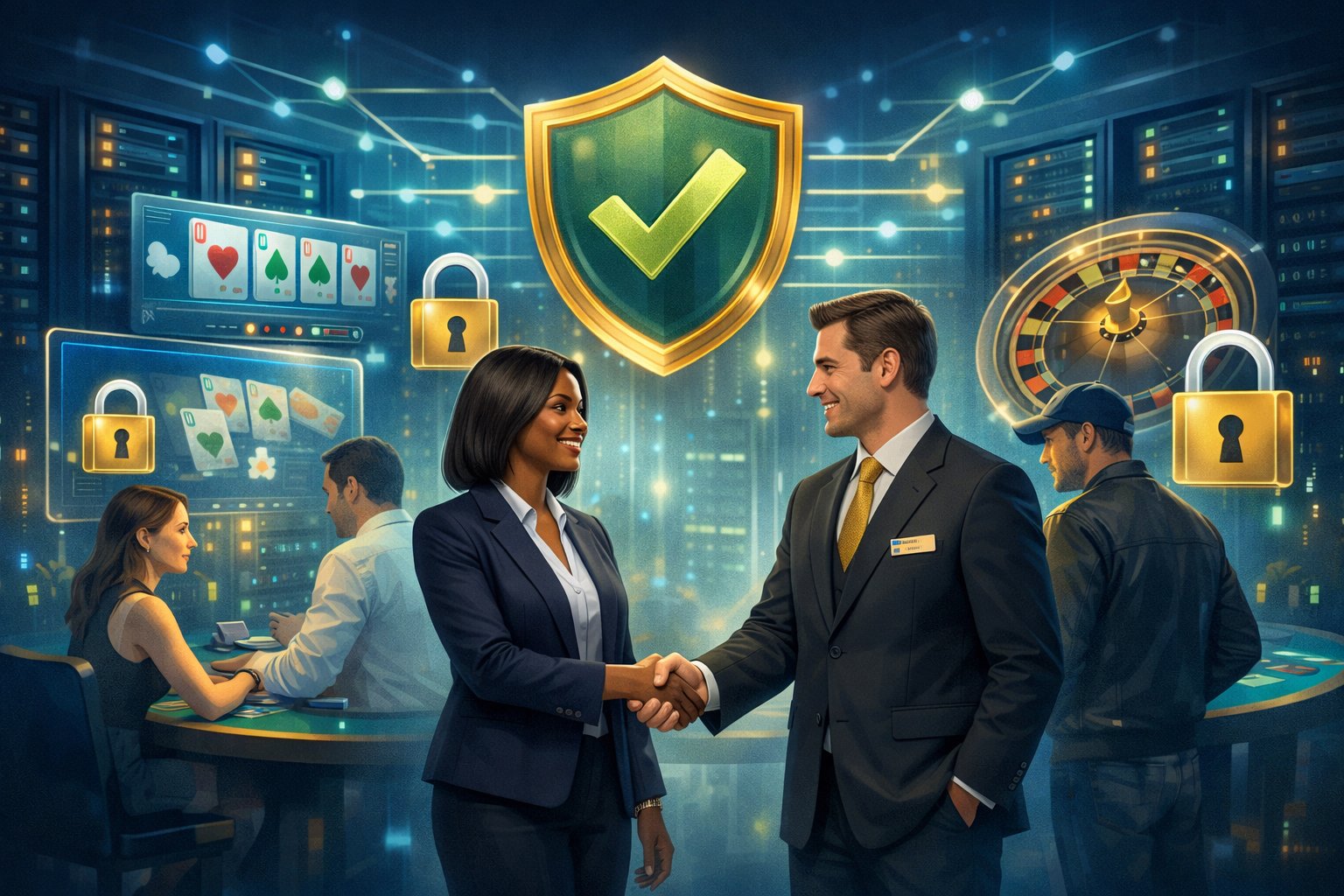 A secure casino scene showing people shaking hands with digital security icons and technology elements in the background.