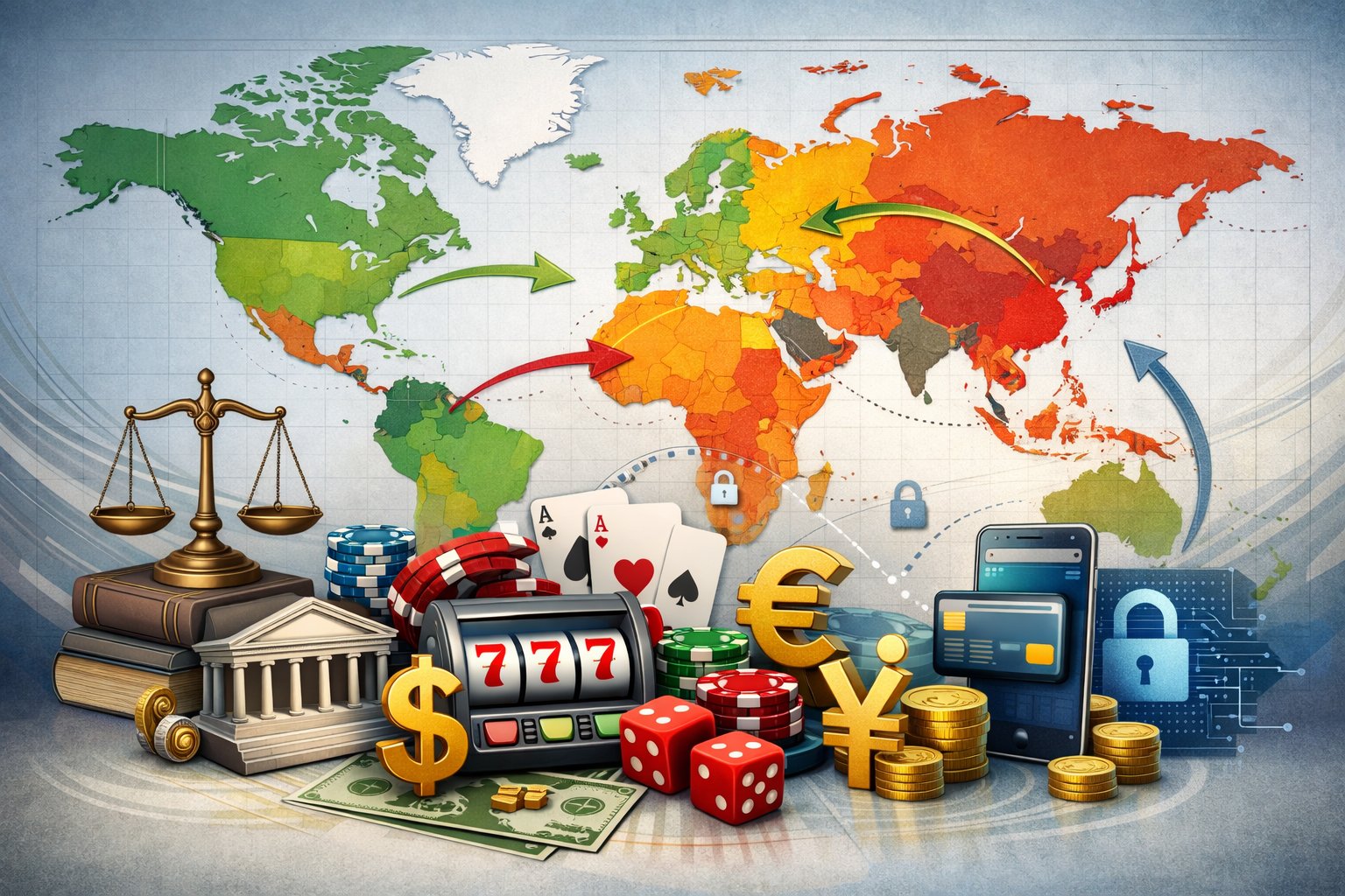 A world map showing different countries with casino elements like chips, cards, and currency symbols connected by arrows, illustrating how gambling laws affect casino payments globally.