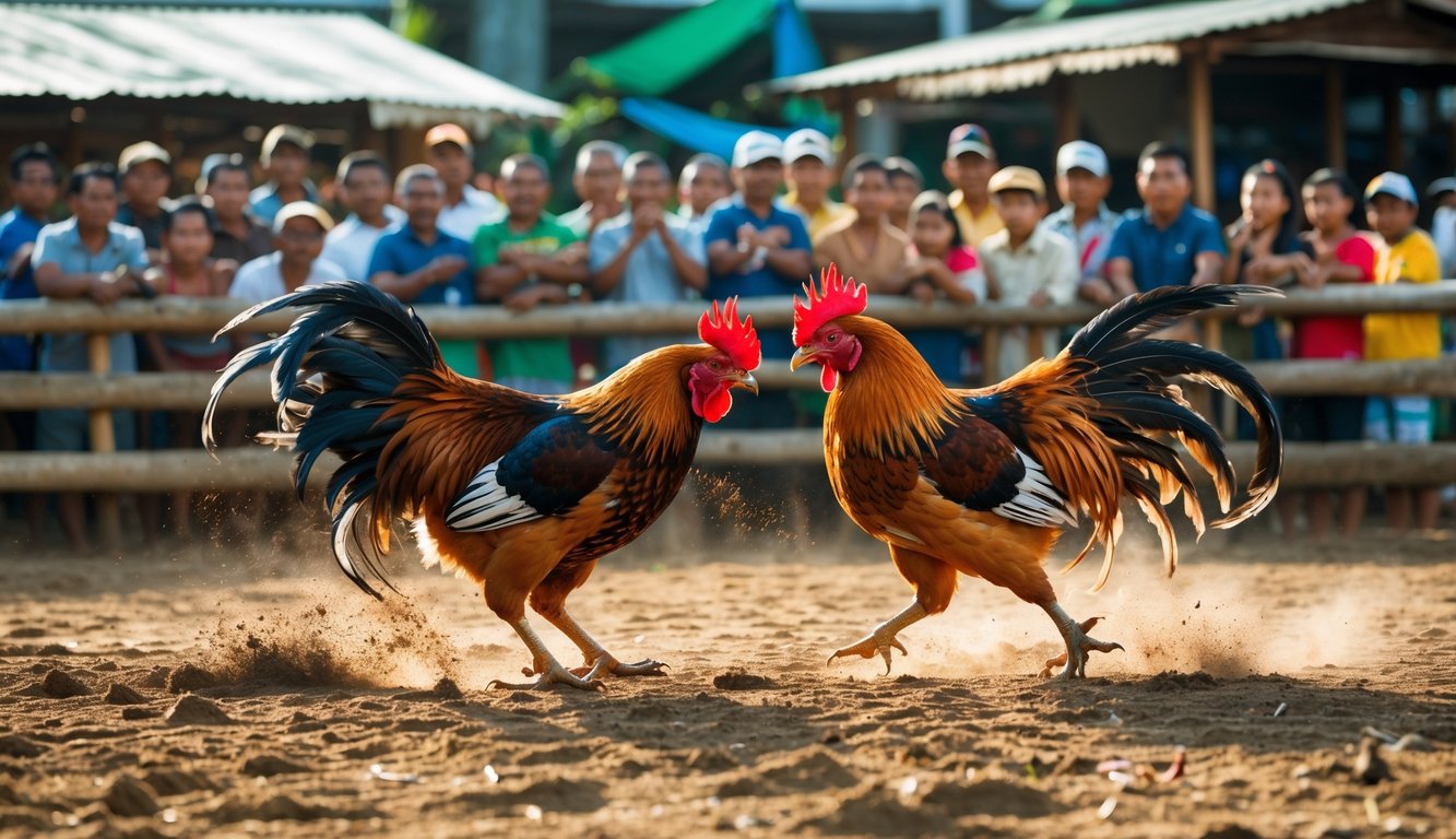 Pertarungan ayam jago tradisional Filipina di arena luar ruangan dengan penonton yang antusias.