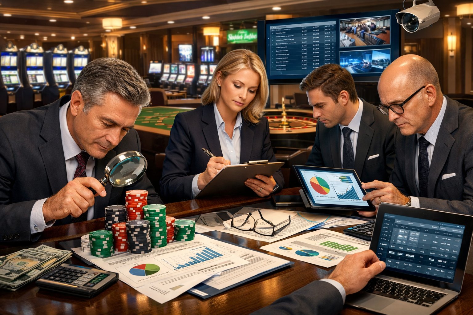 Auditors in business attire examining documents and casino chips inside a casino with gaming tables and slot machines in the background.