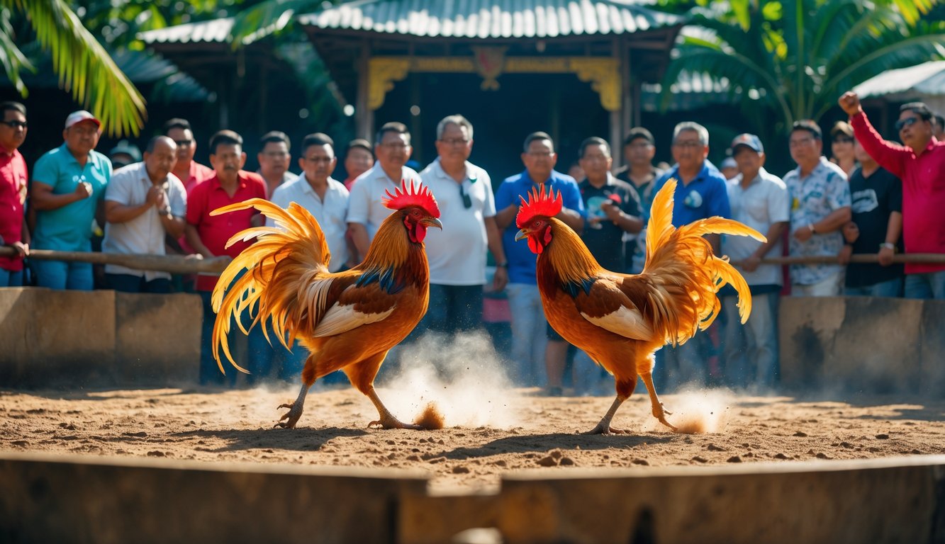Suasana arena sabung ayam Filipina dengan dua ayam bertarung dan penonton yang antusias menyaksikan dari sekitar.