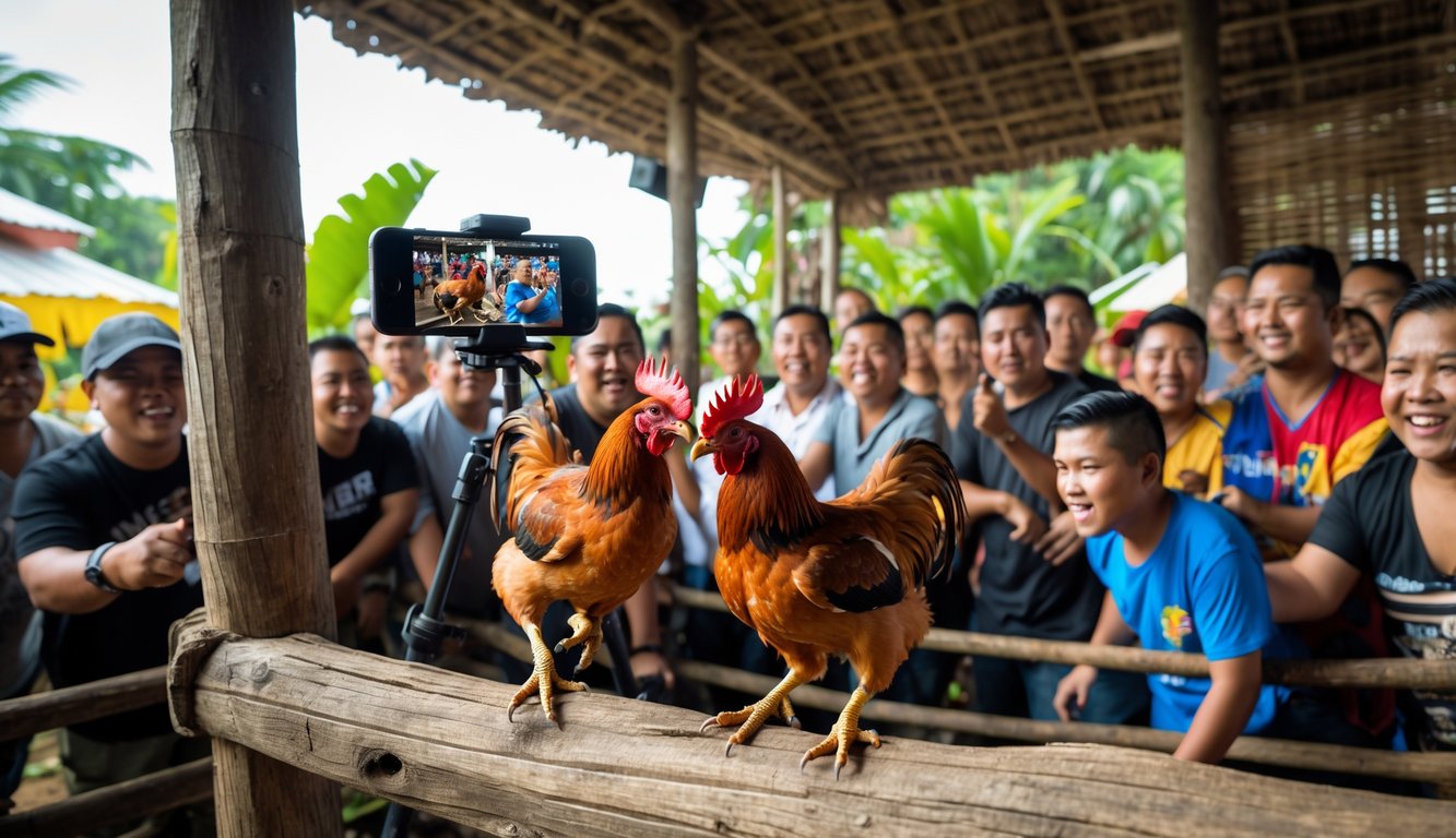 Sekelompok orang menonton pertarungan ayam jago tradisional Filipina yang sedang disiarkan langsung di luar ruangan.