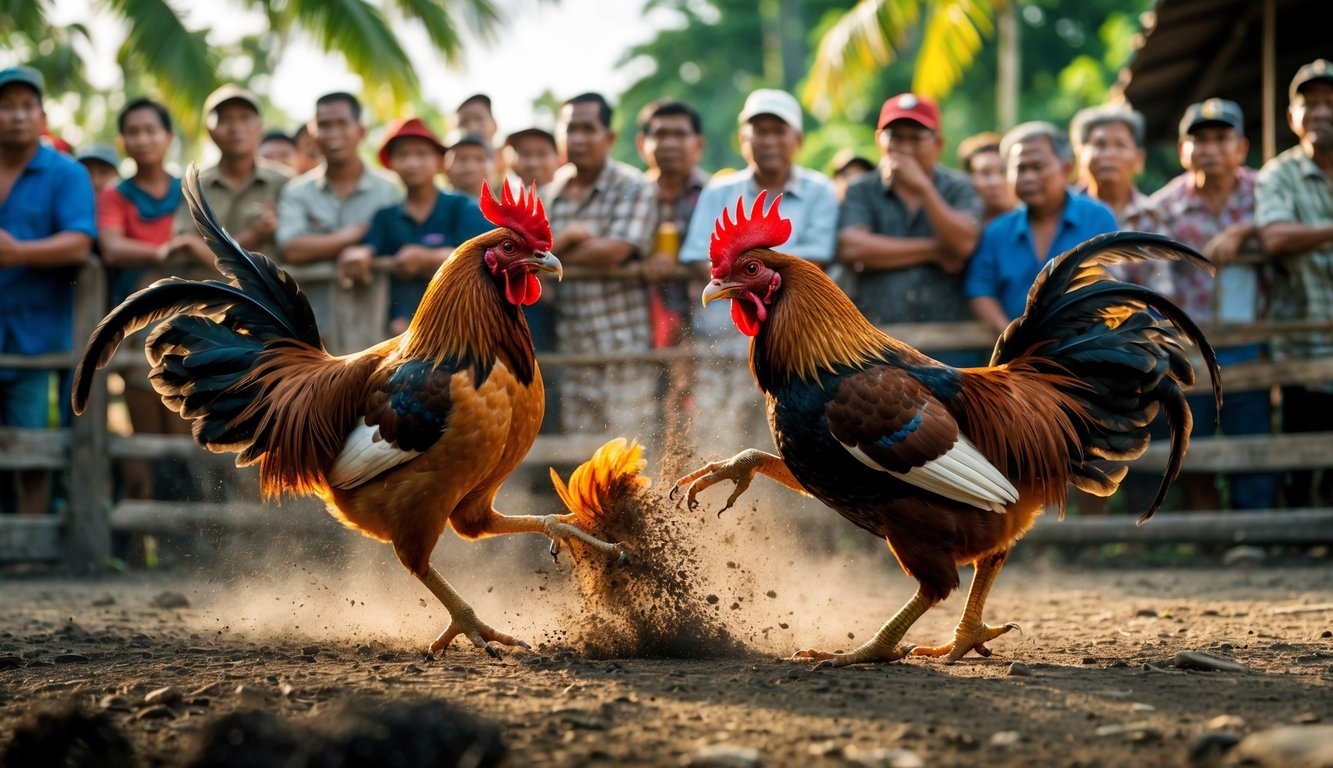 Pertarungan ayam jago tradisional Filipina dengan penonton yang antusias di lingkungan pedesaan.