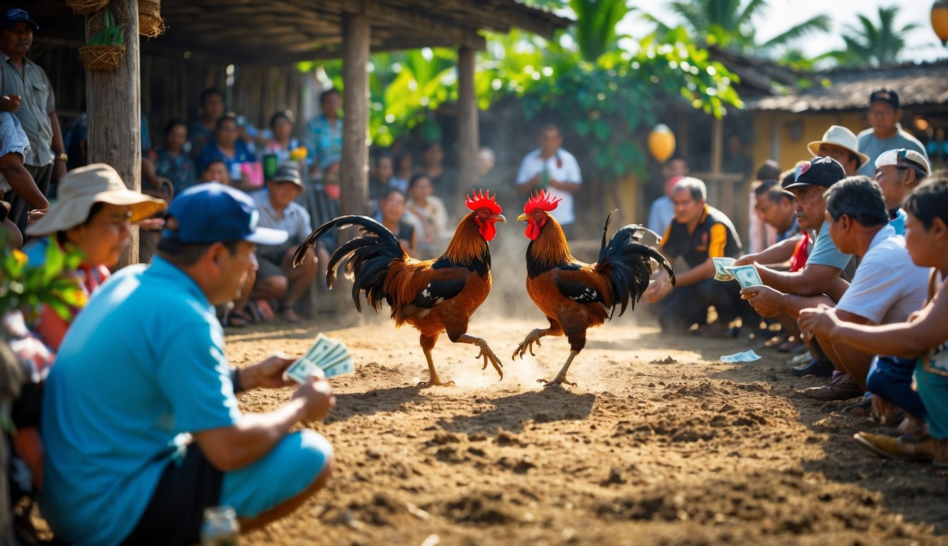 Suasana pertandingan sabung ayam Filipina dengan penonton yang memperhatikan dan beberapa orang memegang uang untuk bertaruh.