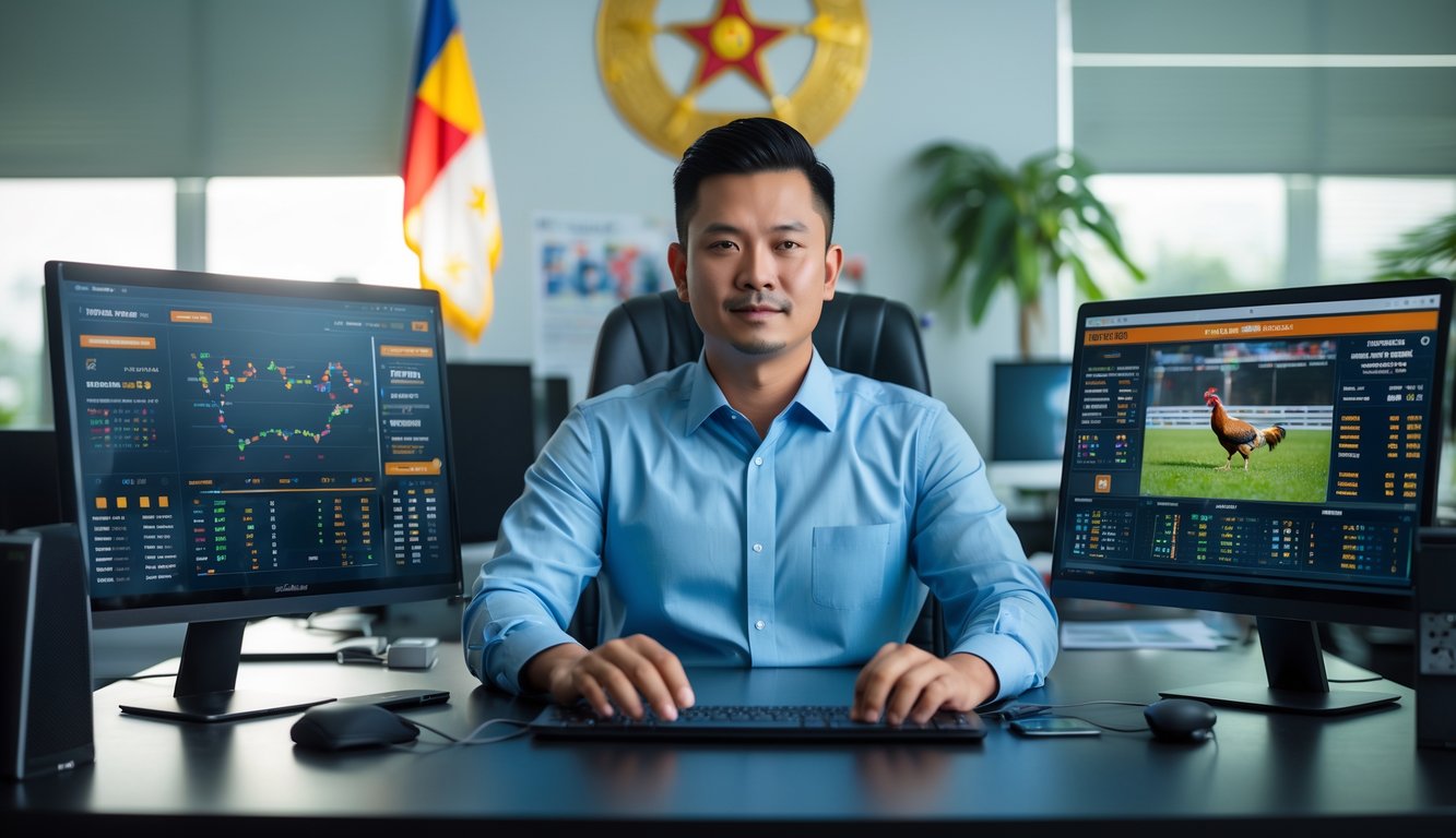 Seorang pria Filipina duduk di meja kantor dengan beberapa monitor komputer yang menampilkan grafik dan siaran langsung sabung ayam, menunjukkan aktivitas agen sabung ayam online yang legal.