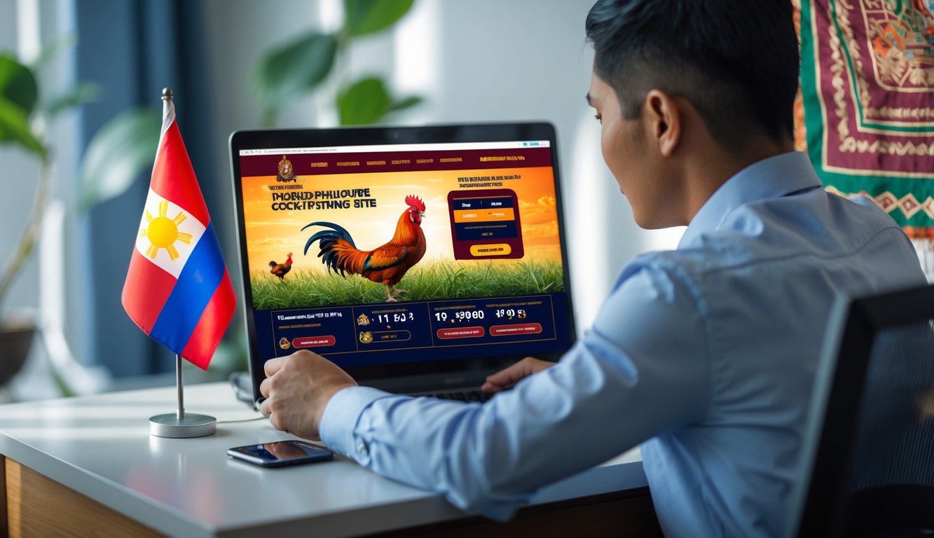 Seorang pria menggunakan laptop di meja kerja dengan tampilan situs sabung ayam online, dengan hiasan bendera Indonesia dan pola batik di latar belakang.