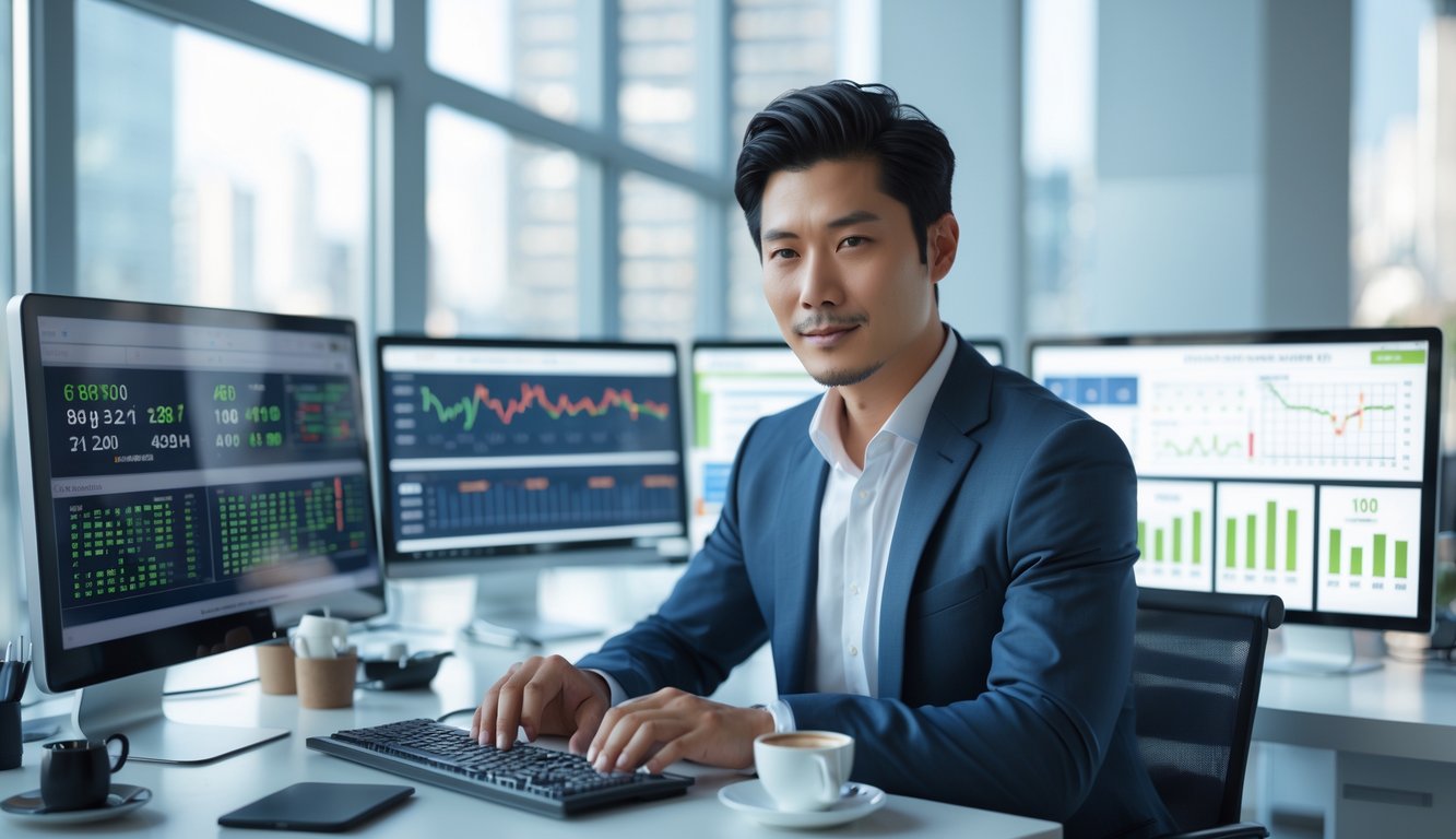 Seorang pria Asia berpakaian rapi duduk di meja kantor modern dengan layar komputer yang menampilkan data dan grafik terkait prediksi togel.