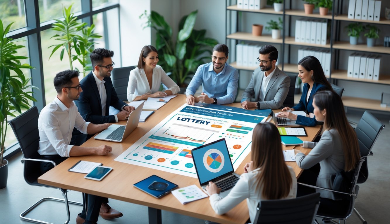 Sekelompok orang bekerja bersama di kantor dengan laptop dan grafik angka, fokus pada prediksi togel Sydney hari ini.