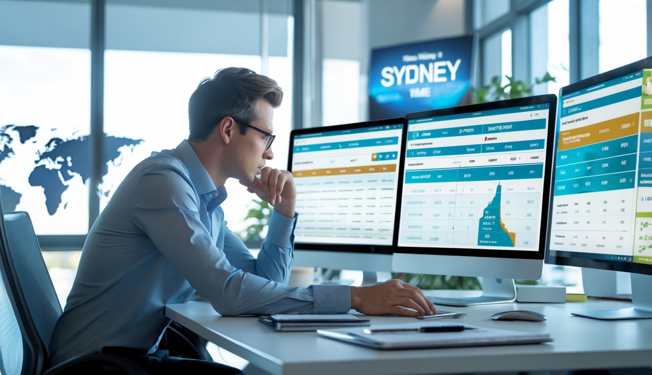 Seorang profesional sedang menganalisis data prediksi togel Sydney di kantor modern dengan beberapa layar komputer.