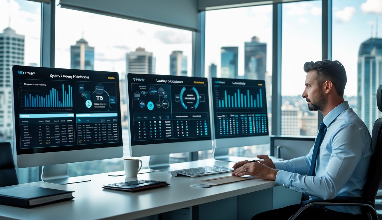 Seorang profesional sedang menganalisis data prediksi togel Sydney di kantor modern dengan pemandangan kota di latar belakang.