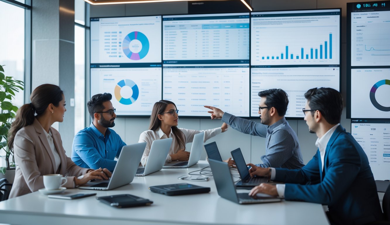 Sekelompok orang bekerja bersama di kantor modern dengan laptop dan grafik data di layar, fokus pada analisis dan prediksi angka.