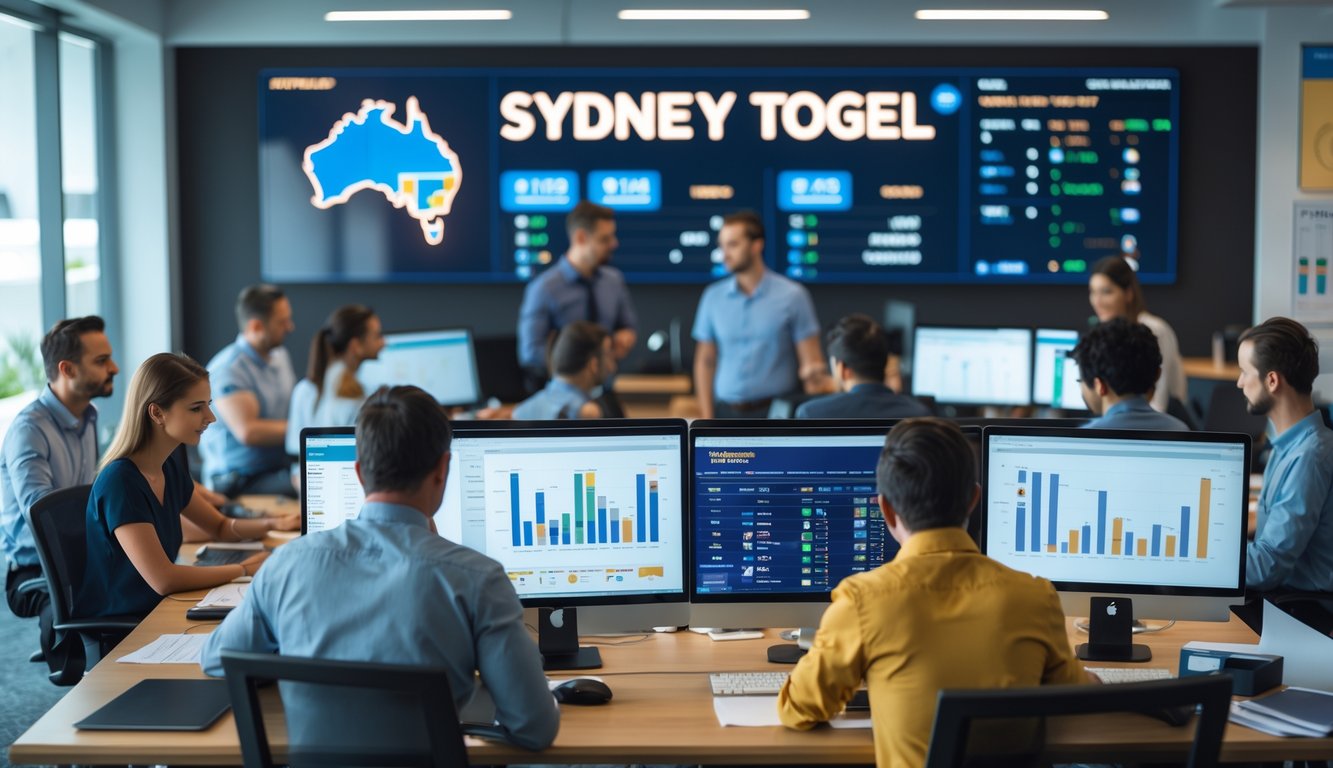 Orang-orang bekerja bersama di kantor modern dengan komputer yang menampilkan data prediksi togel Sydney.