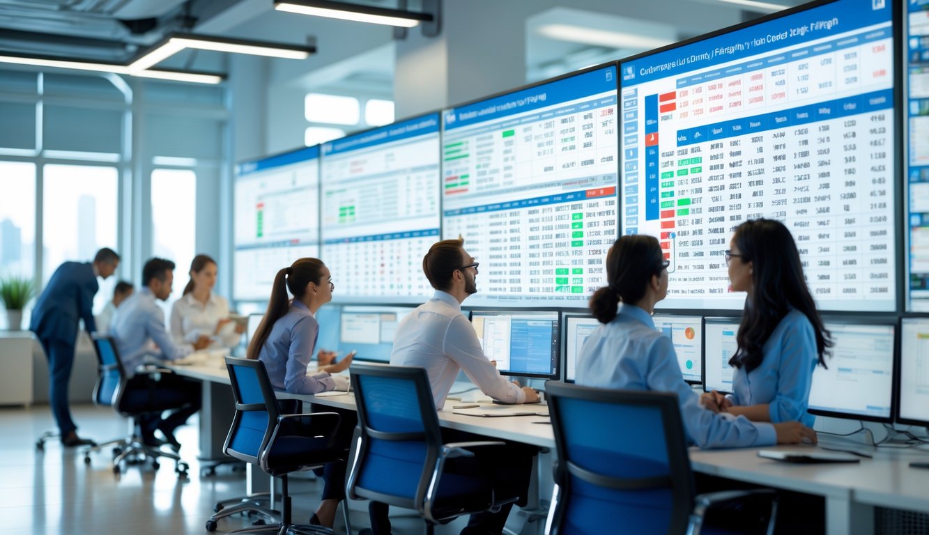 Sekelompok profesional sedang bekerja bersama di kantor modern dengan layar komputer besar yang menampilkan data dan grafik.