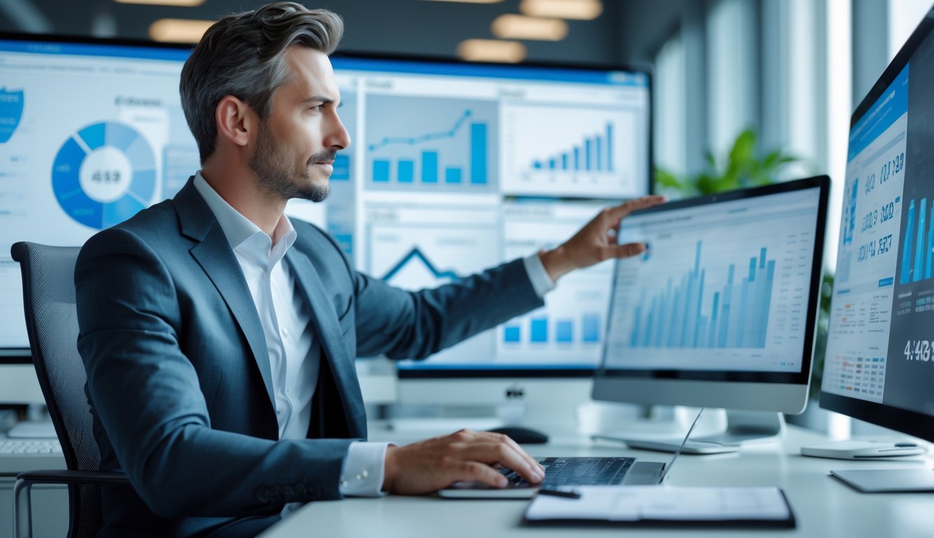 Seorang profesional sedang menganalisis data dan grafik di kantor modern dengan layar komputer dan alat kerja di meja.