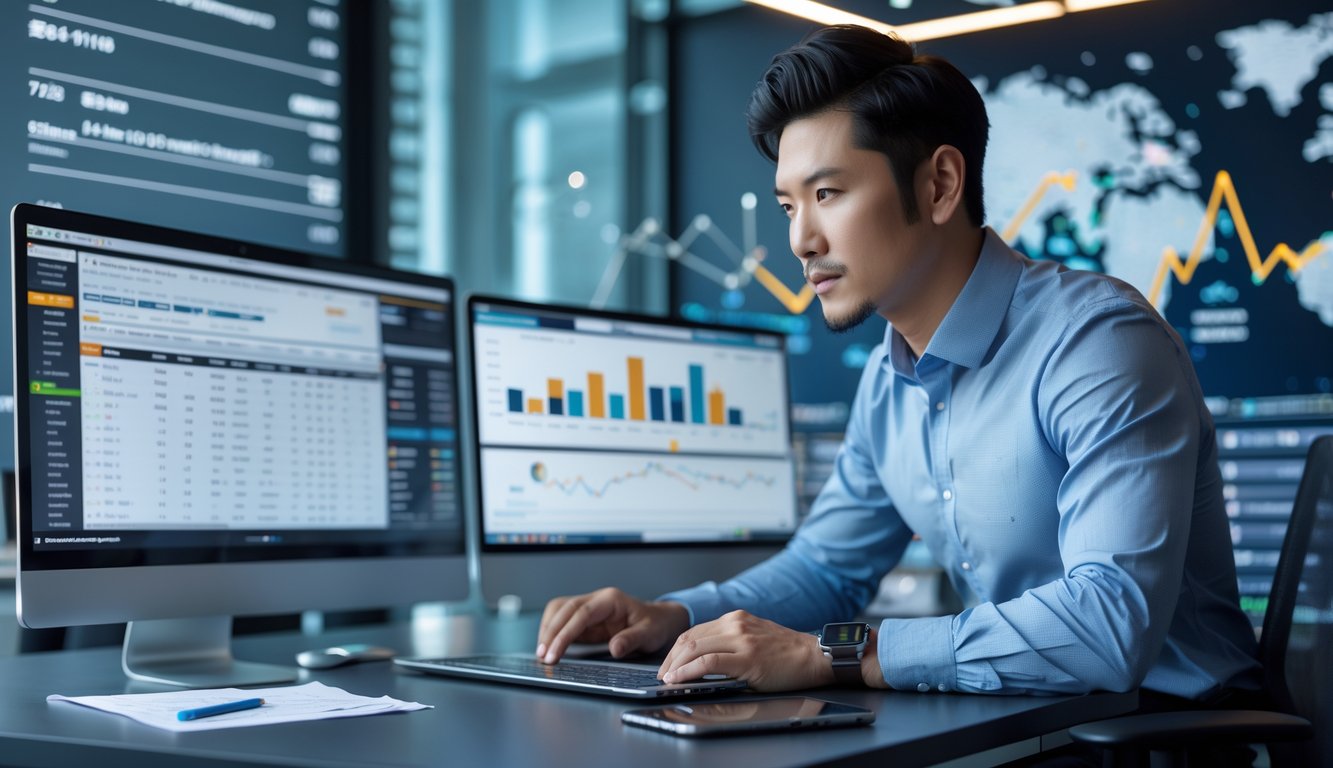 Seorang pria Asia fokus duduk di meja kantor modern sambil menganalisis data pada beberapa layar digital.