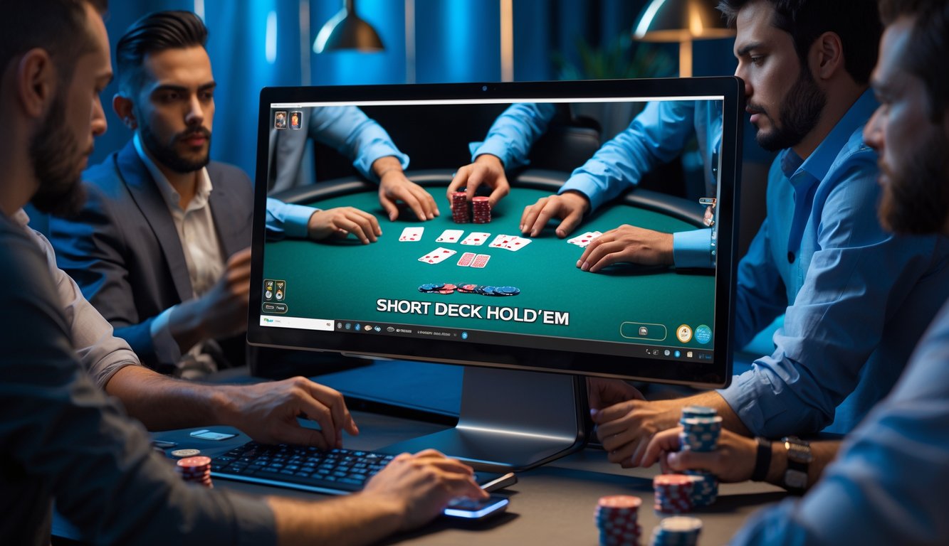 Sebuah meja poker online dengan pemain yang fokus bermain Short Deck Hold’em di depan komputer.