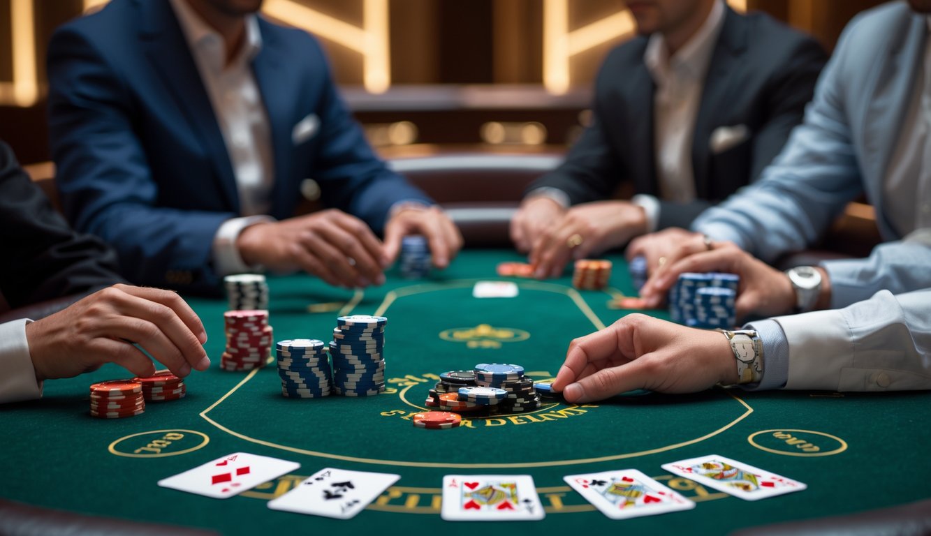 Meja poker dengan kartu dan chip, pemain sedang bermain di kasino mewah.