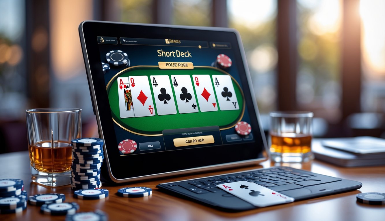 Sebuah meja poker digital dengan kartu dan chip poker di atas meja kayu, menampilkan permainan poker Short Deck di layar komputer.