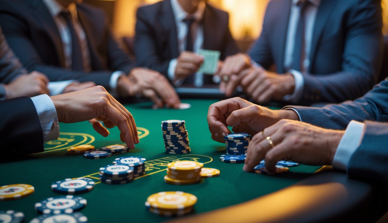 Meja poker dengan pemain yang sedang bermain kartu poker Short Deck, chip poker tertata rapi, dan suasana permainan yang serius.