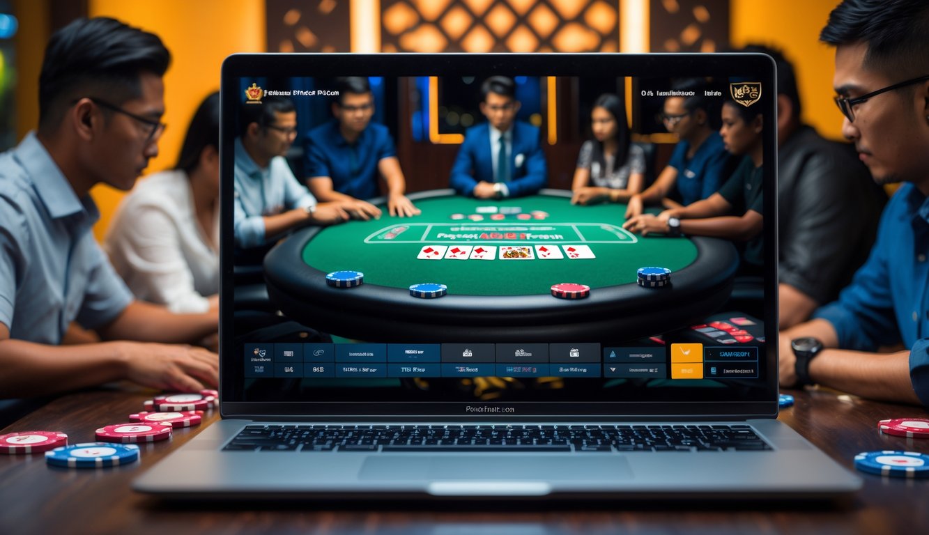 Sebuah meja poker online dengan kartu dan chip terlihat di layar komputer, dikelilingi elemen budaya Indonesia dan pemain yang fokus bermain.