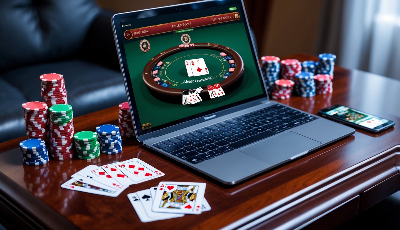 Setup permainan poker online dengan komputer, kartu remi, dan chip poker di atas meja kayu.