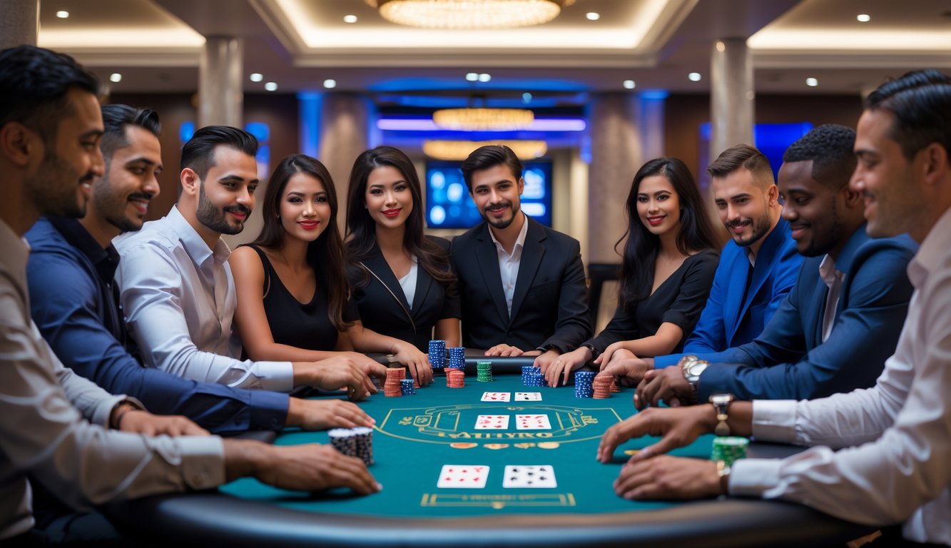 Meja poker dengan kartu dan chip, beberapa pemain sedang bermain di ruangan kasino yang modern dan aman.