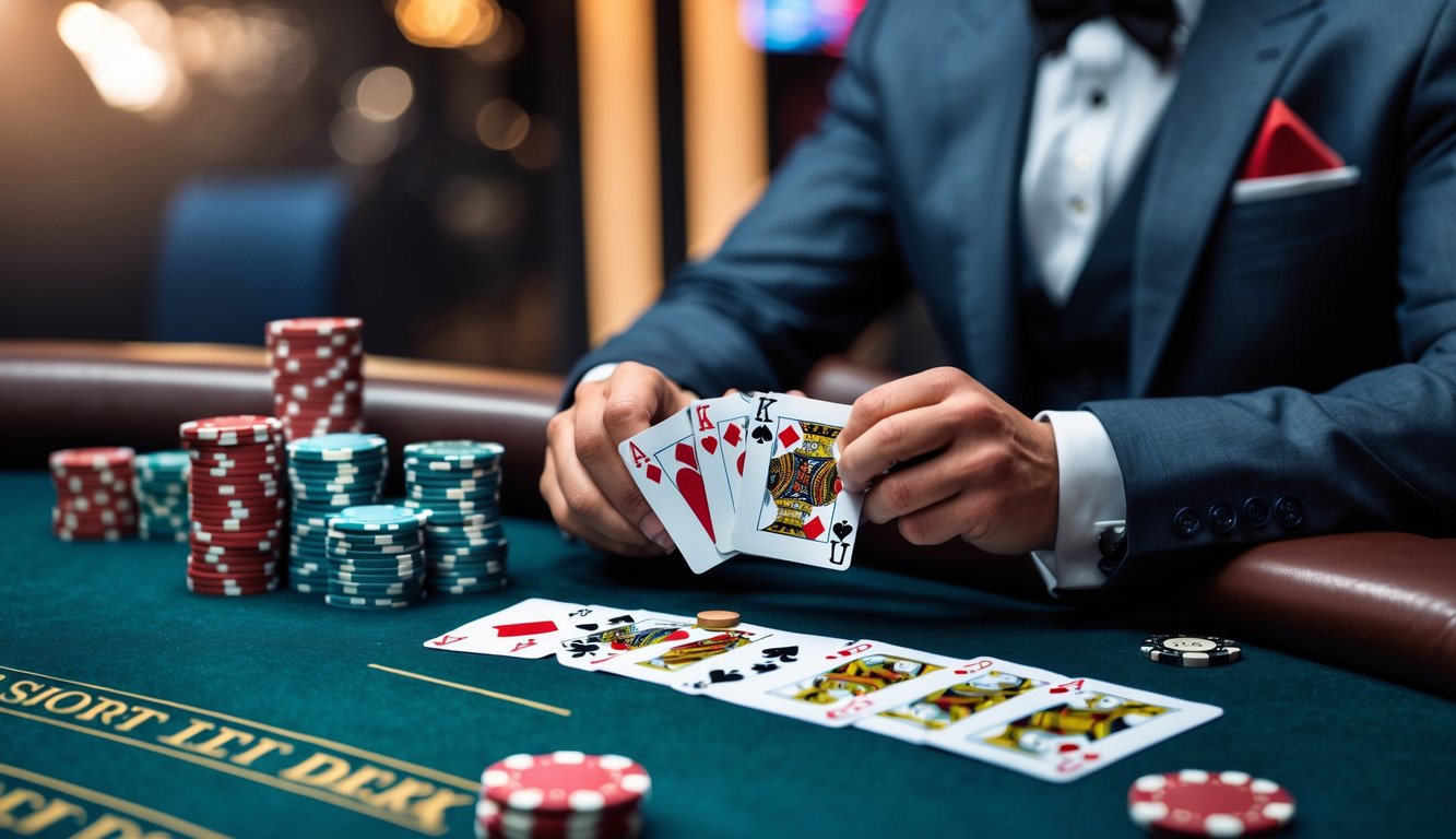 Seorang pemain poker berpakaian rapi memegang kartu kemenangan di meja poker dengan tumpukan chip, suasana kasino yang tenang dan serius.