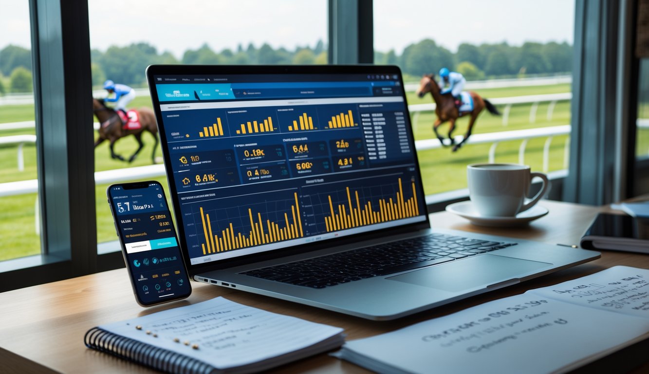 Seorang profesional bekerja di depan laptop dengan data pacuan kuda, di latar belakang terlihat lintasan pacuan kuda dengan kuda yang sedang berlomba.