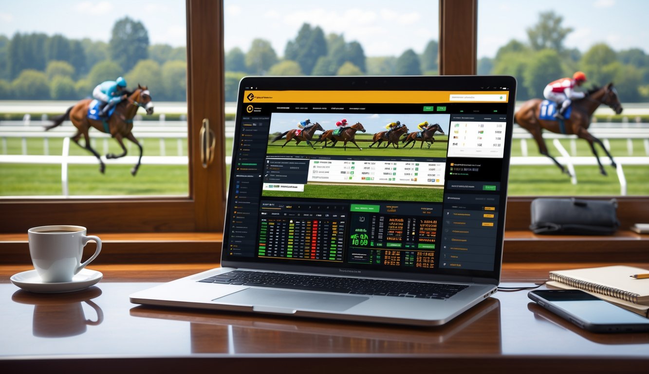 Seorang profesional menggunakan komputer di meja dengan latar belakang arena pacuan kuda yang cerah dan kuda sedang berlomba.