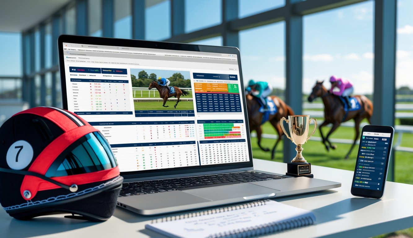 Sebuah meja kerja dengan laptop yang menampilkan statistik pacuan kuda, smartphone dengan pembaruan balapan langsung, dan latar belakang trek pacuan kuda dengan kuda dan joki sedang berlomba.