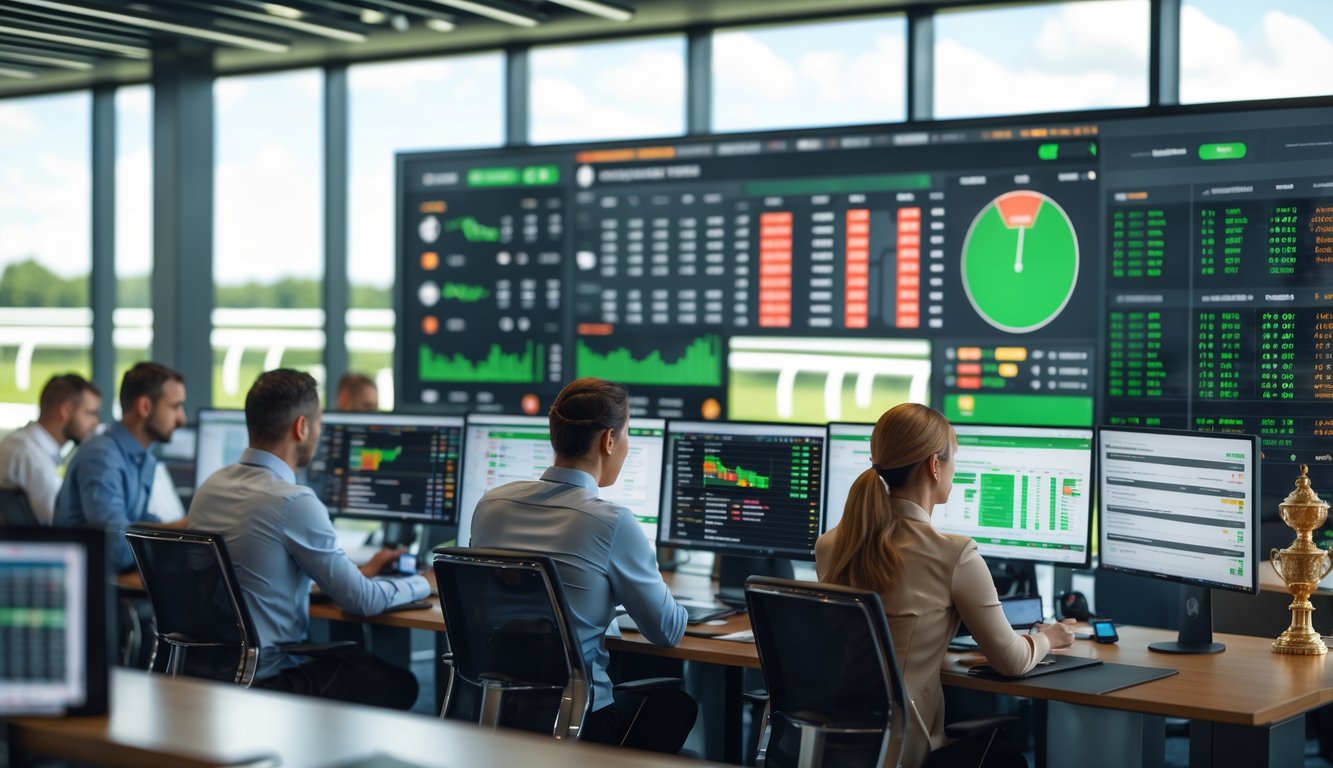 Seorang profesional sedang menganalisis data pacuan kuda di kantor modern dengan layar digital dan komputer.