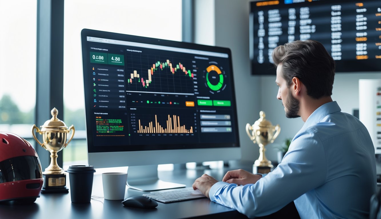 Seorang profesional sedang menganalisis data pacuan kuda di depan komputer di sebuah kantor modern.