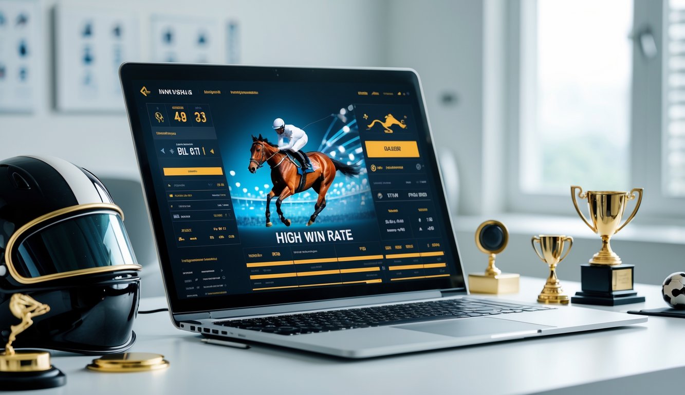 Sebuah laptop di meja kantor menampilkan grafik pacuan kuda dan peluang taruhan dengan perlengkapan pacuan kuda di sekitarnya.