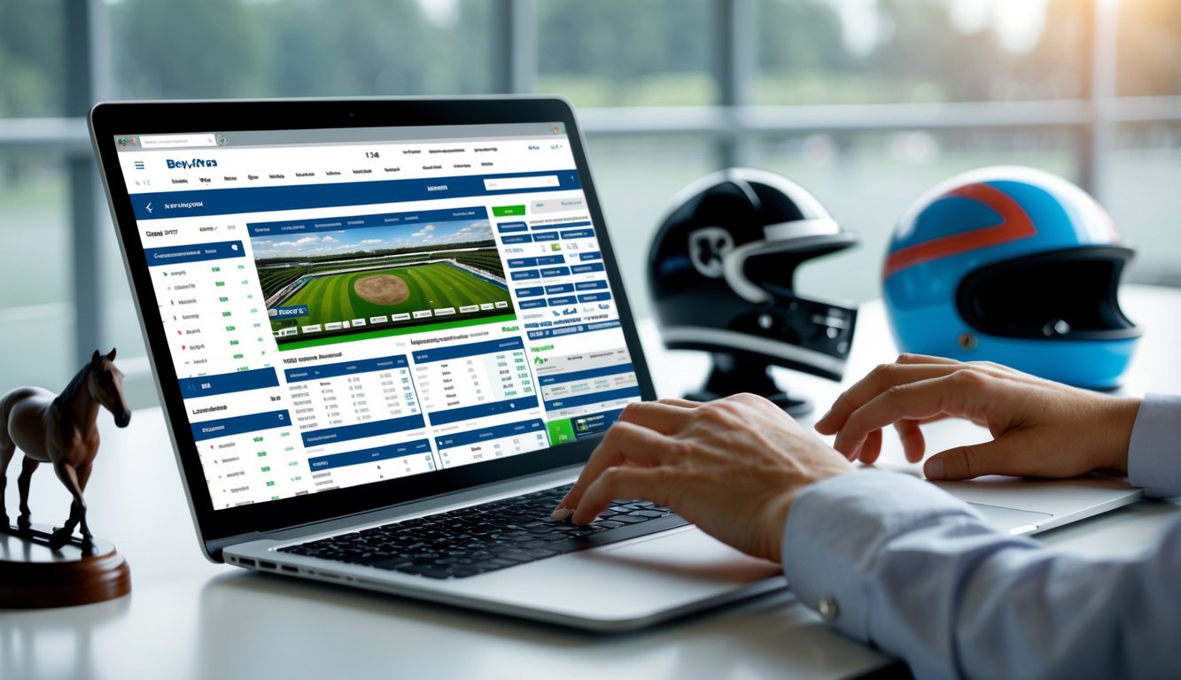 Seseorang menggunakan komputer untuk melihat prediksi dan taruhan pacuan kuda online di meja kerja.