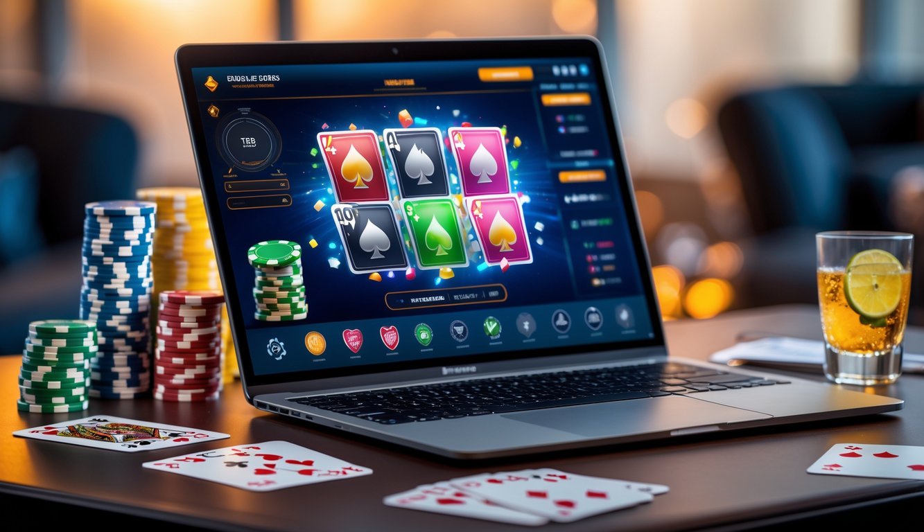 Sebuah meja dengan komputer menampilkan permainan poker online, kartu dan chip poker tertata rapi di sekitar perangkat.