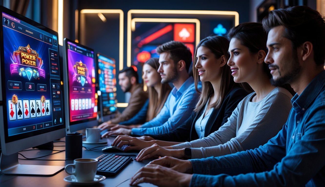 Sekelompok orang muda fokus bermain poker online di depan komputer dengan beberapa monitor di ruangan modern.