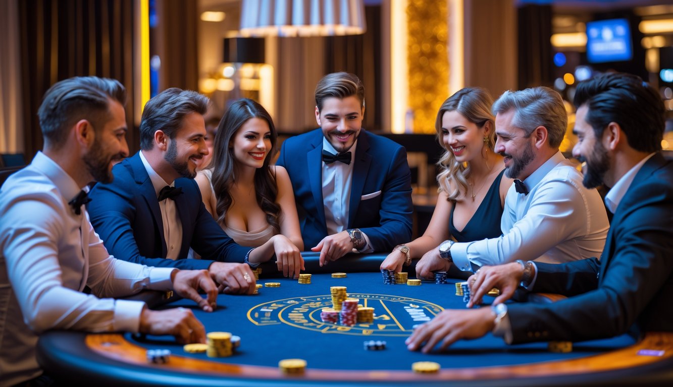 Sekelompok orang dewasa bermain poker di meja kasino dengan suasana yang hangat dan mewah.