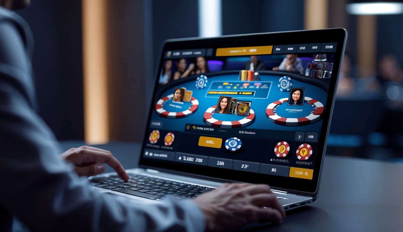 Seorang pemain sedang bermain poker online di depan komputer dengan tampilan kartu dan chip poker di layar.