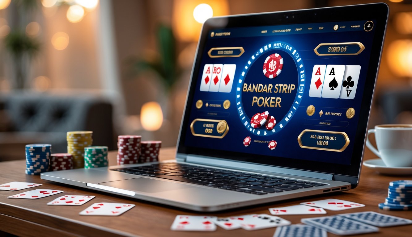 Seorang pemain poker online menggunakan laptop di meja dengan kartu dan chip poker di sekitarnya.