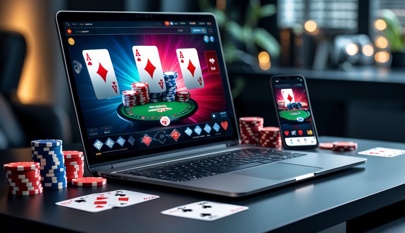 Sebuah meja dengan komputer menampilkan permainan poker online, dikelilingi oleh kartu remi dan chip poker di ruangan yang terang dan rapi.