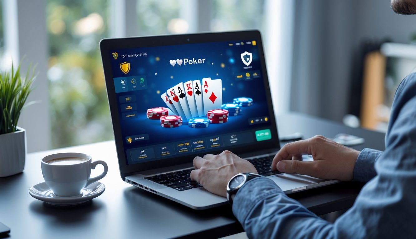Seseorang sedang bermain poker online di laptop di ruang kerja yang rapi dan terang.